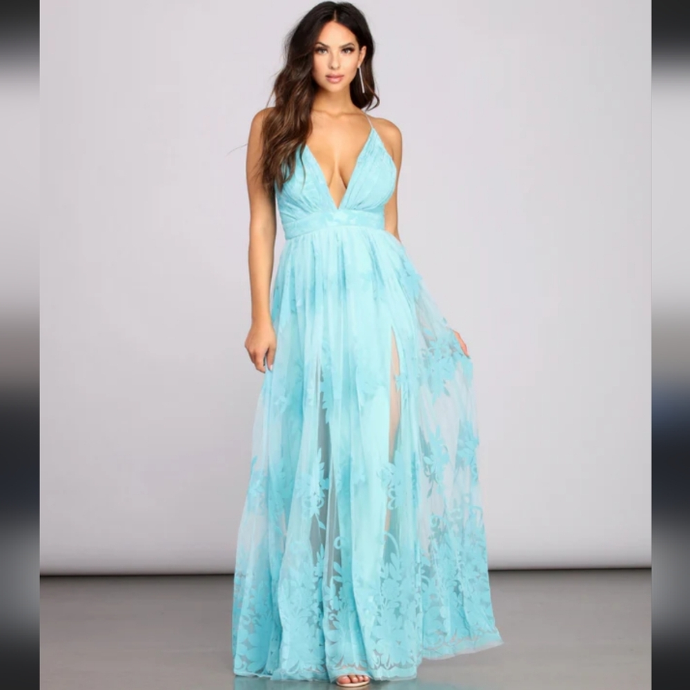 Windsor- Aqua Tulle & Velvet Maxi Dress- Size Medium/Large